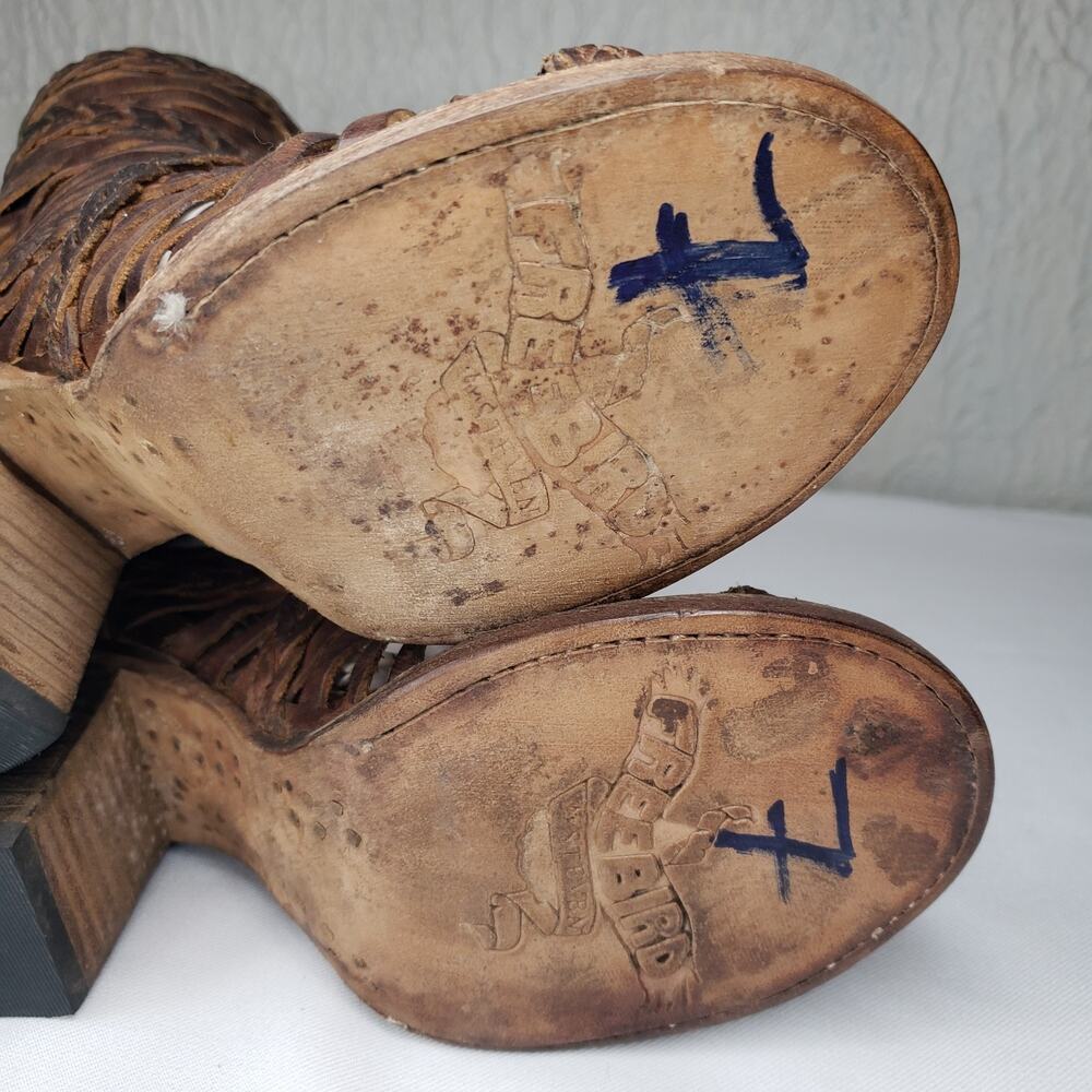 Freebird by Steven Bela Heeled Cage Sandals Boots Brown Leather Sz 7 Distressed - Picture 14 of 16